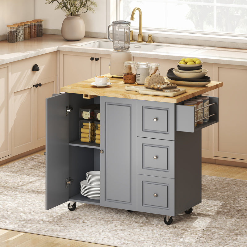 Grey Mobile Kitchen Island Trolley With Drop Leaf, Storage Shelves, Drawers, and Rubber Wood Counter Top For Easy Meal Prep