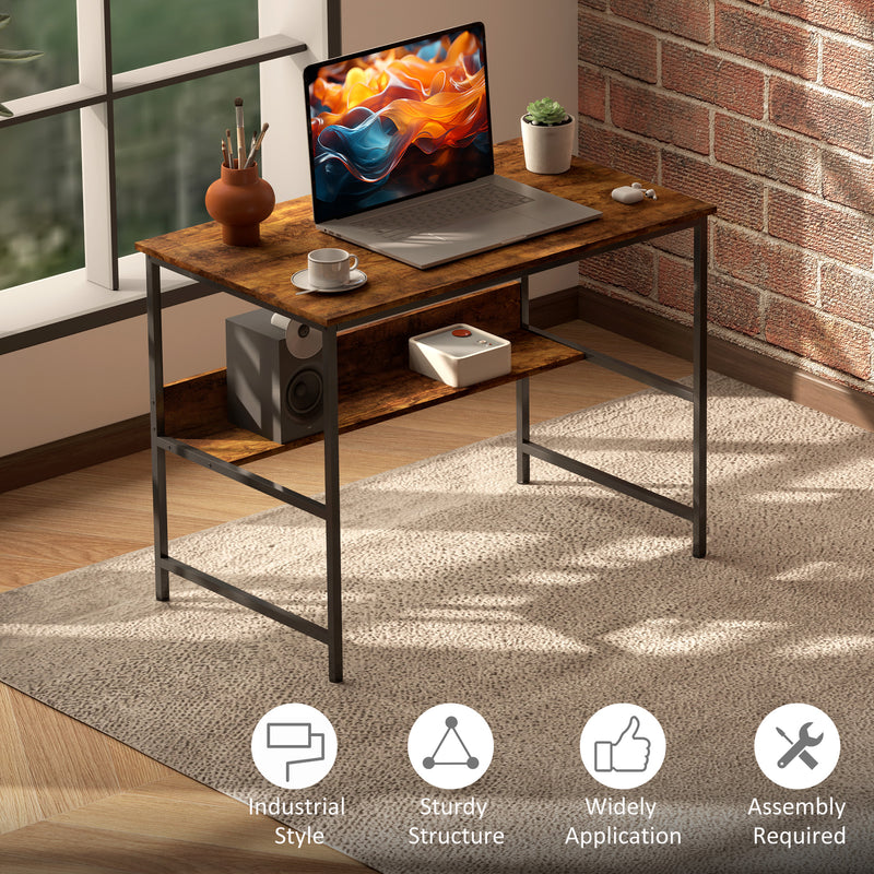 Rustic Brown 2 Tier Computer Desk 100 x 60 cm with Storage Shelf