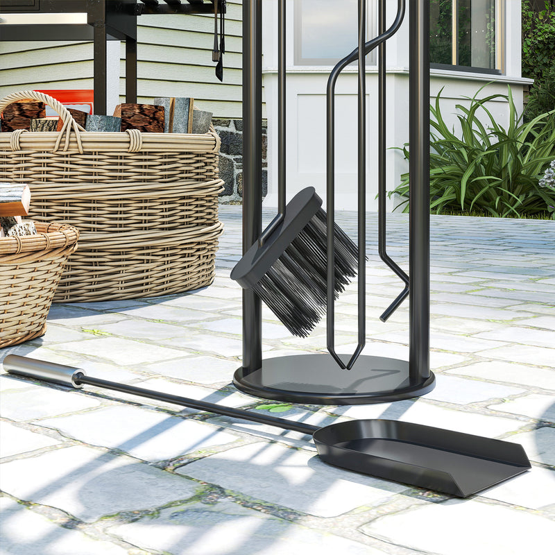 5 Piece Metal Fireplace Tool Set With Brush Shovel Poker and Ash Bucket, Black & Silver