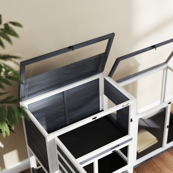 Wooden Rabbit Hutch with Run 2 Tier Guinea Pig Cage on Wheels 3 Trays 2 Openable Tops by PawHut