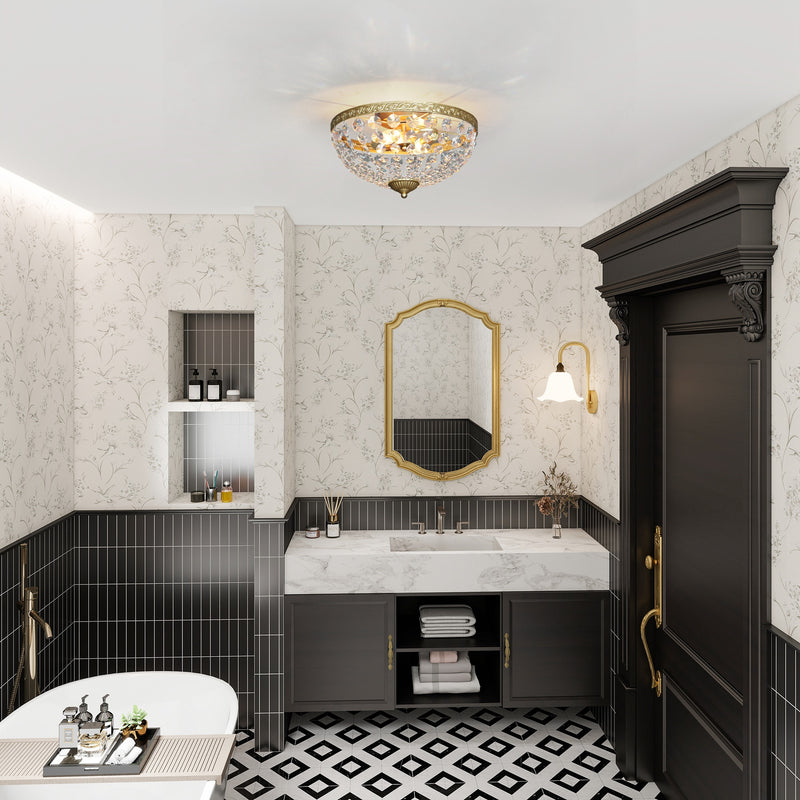 2 Light Flush Mount Crystal Chandelier with 168 Beads for Living Room or Bedroom, Gold Tone