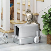 Stainless Steel Cat Litter Box with Scoop and Filter Bags for Large Cats Grey