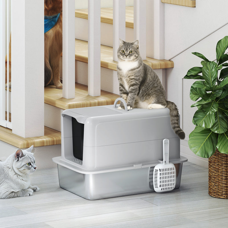 Stainless Steel Cat Litter Box with Scoop and Filter Bags for Large Cats Grey