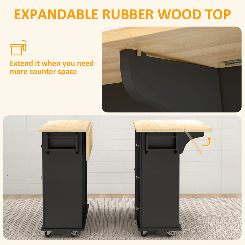 Kitchen Island with Drop-Leaf Tabletop and Storage Drawers for Extra Prep Space Black