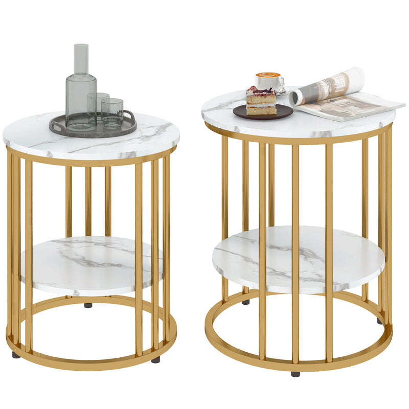 Set of Two White Marble Effect Coffee Tables with Gold Tone Legs by HOMCOM