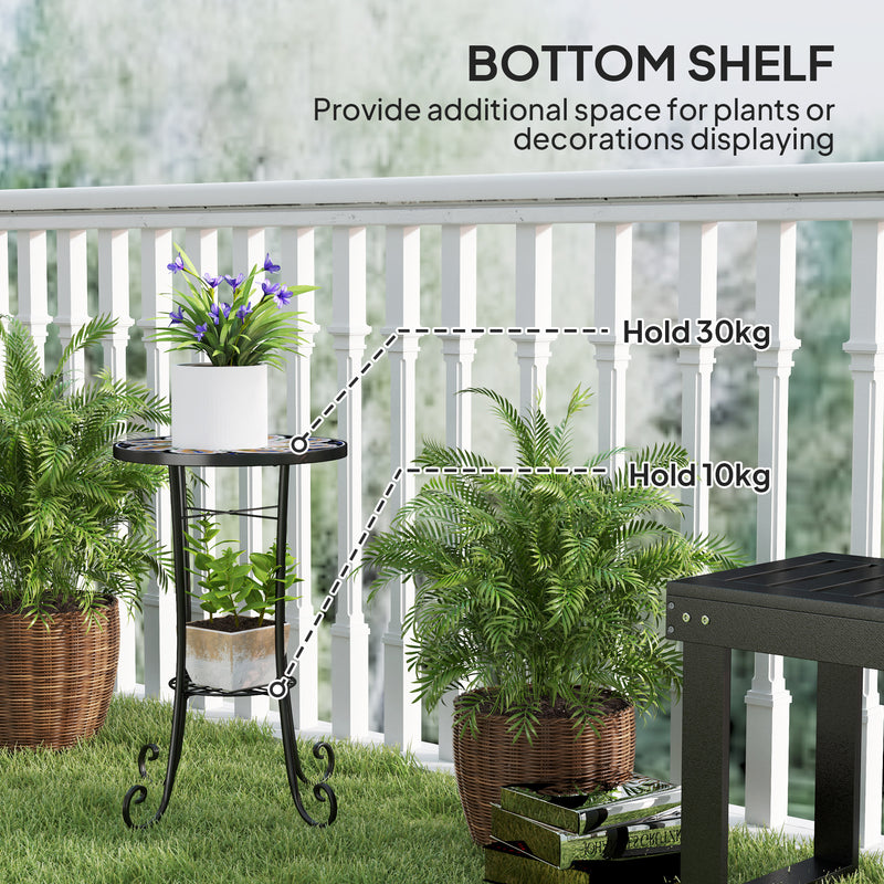 Small Round Mosaic Garden Table with Shelf Ceramic Tile Top for Outdoor and Indoor Use by Outsunny