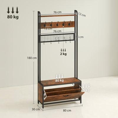 5 In 1 Industrial Style Hallway Coat Rack With Shoe Storage And Bench, Brown Black