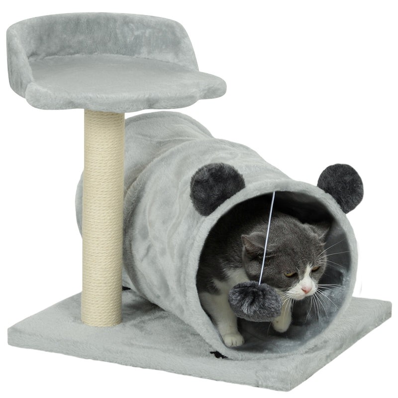 Grey 47cm Small Cat Tree with Scratching Post Bed Tunnel and Toy Ball by PawHut