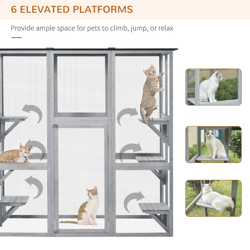 Large Wooden Outdoor Catio Enclosure with Platforms and Roof for Multiple Cats, Natural Wood AOSOM