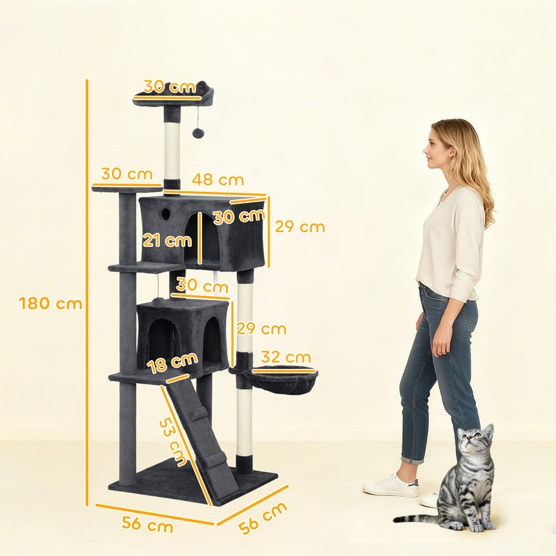Large 180cm Cat Tree Tower with Hammock and Scratching Posts for Indoor Play Dark Grey AOSOM