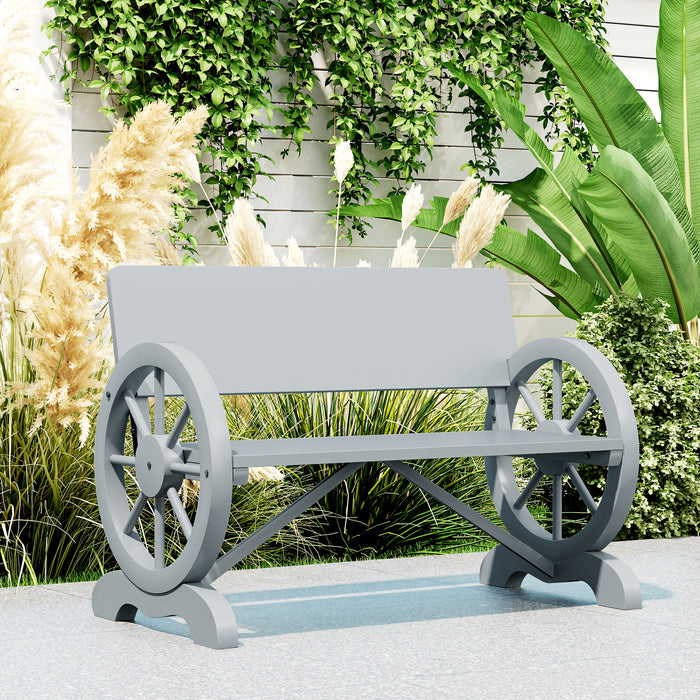 Grey 2 Seater Wooden Garden Bench with Wagon Wheel Design by Outsunny