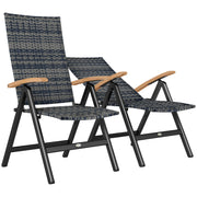 2 Piece Foldable Outdoor Dining Chairs with Armrests and High Back for Garden Camping Grey Rattan by Outsunny