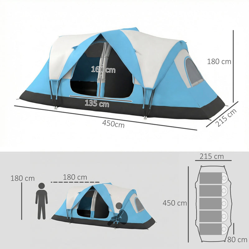Family Tent 6 Person With 2 Bedrooms, Waterproof Rainfly 2000mm, Sky Blue