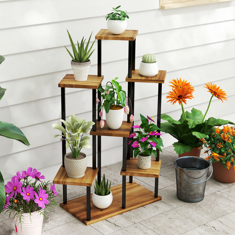 7 Tier Tall Plant Stand for Indoor and Outdoor Use Carbonised Wood and Steel by Outsunny