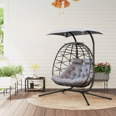Black Rattan Double Hanging Egg Chair With Canopy and Cushions for Garden by Outsunny