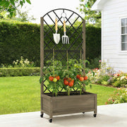 Wooden Planter with Metal Trellis and Wheels for Privacy and Climbing Plants Carbonised Finish Outsunny