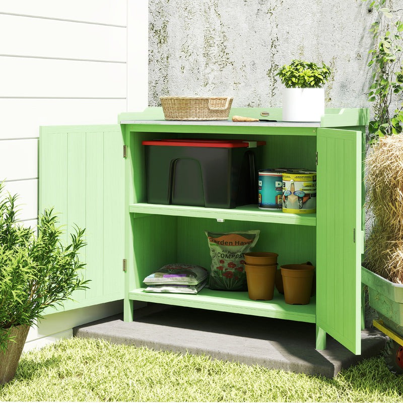 Wooden Garden Storage Cabinet With Galvanised Worktop and Shelves for Outdoor Tools Green Outsunny