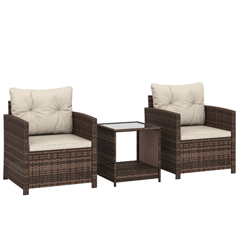 Rattan Bistro Set for 2 with Cushioned Chairs and Glass Table for Small Outdoor Spaces Outsunny