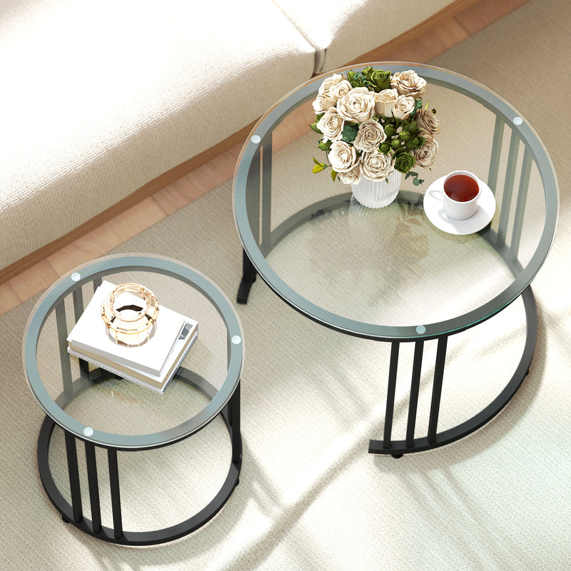 Glass Round Side Tables, Nesting Tables Set for Living Room - Black Metal Frame With Tempered Top