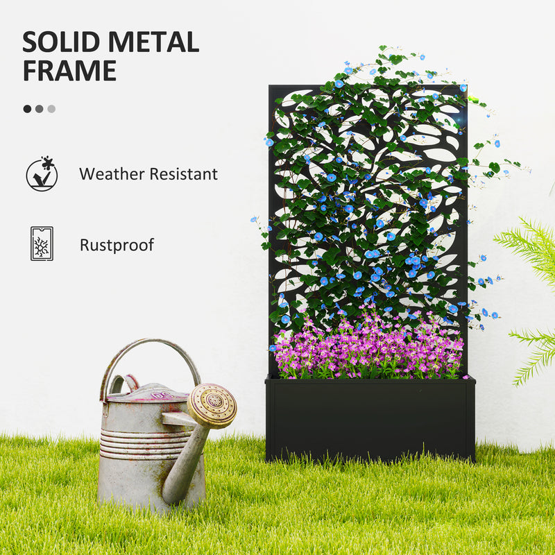 Metal Planter with Leaf Trellis Privacy Panel for Garden or Patio Black Outsunny