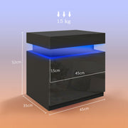 Black LED Bedside Table with High Gloss Front and 2 Drawers for Bedroom or Living Room by HOMCOM