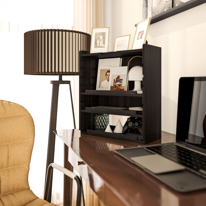 Four Tier Wooden Desktop Organiser With Storage Shelves For Home Office, Dark Brown