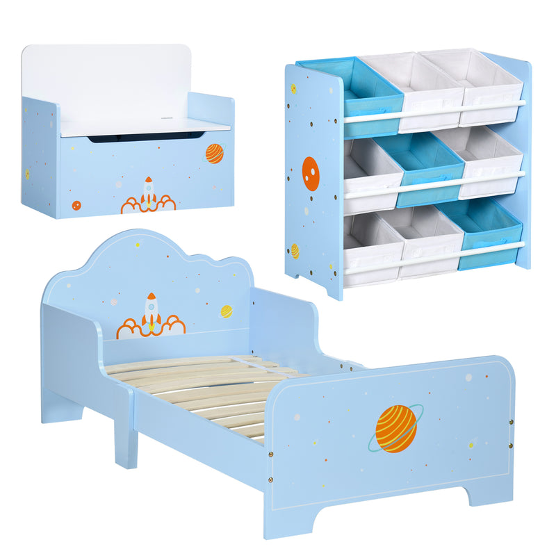 3 Piece Kids Bedroom Furniture Set With Bed Toy Box And Storage Baskets Blue AOSOM