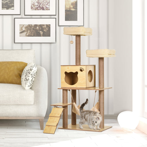 130cm Multi Level Cat Tree With Hammock Scratching Posts and Hideaway House, Grey
