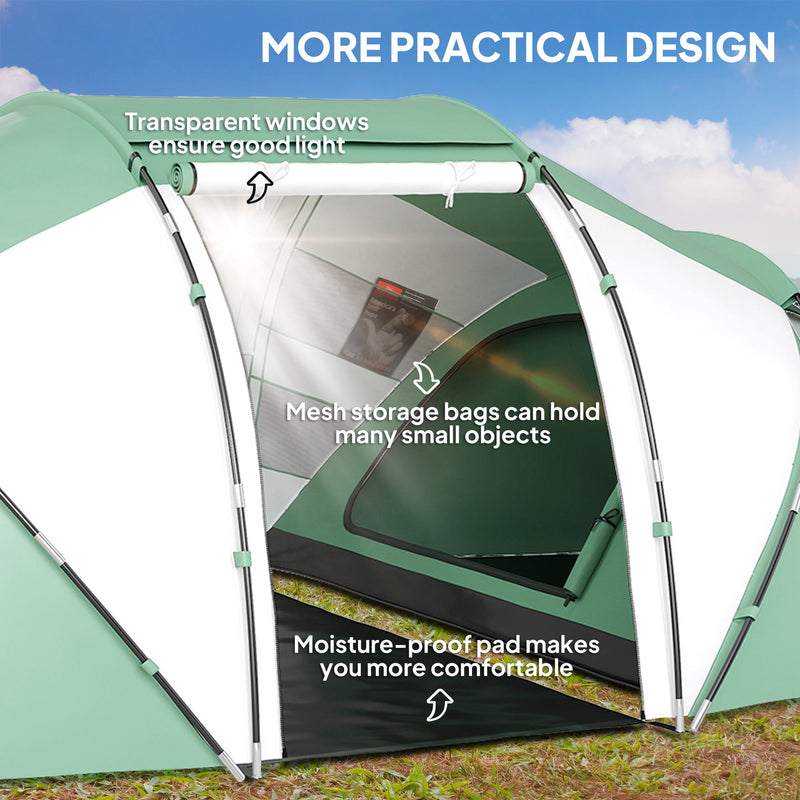 Tunnel Tent with Two Bedrooms and Living Area for Group Camping 4–6 Person Green White