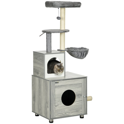 Enclosed Cat Litter Box with Bed and Scratching Posts for Indoor Cats, Grey