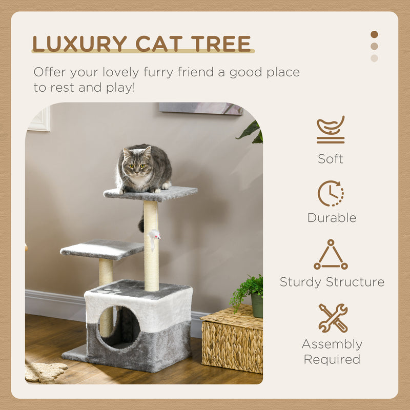 Multi Level Cat Tree with Sisal Scratching Posts Perches and Toy Mouse for Indoor Fun Grey