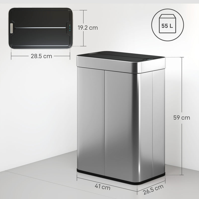 Sensor Kitchen Bin 55L Hands Free with Slim Space Saving Design Silver Tone Homcom