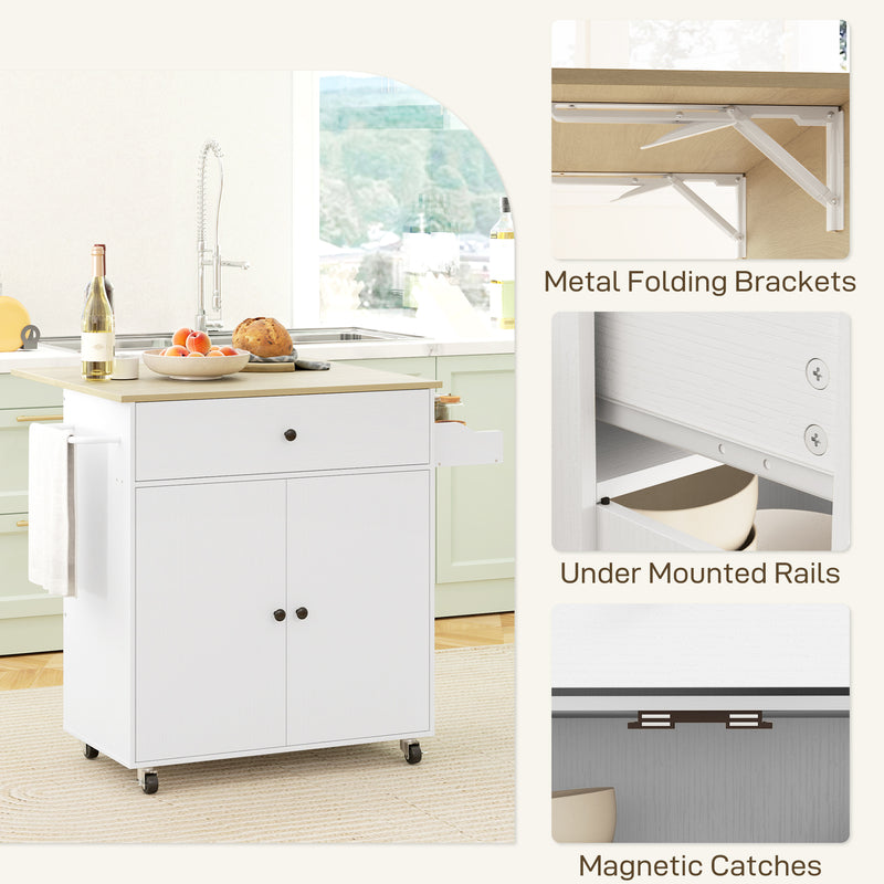 Rolling Kitchen Island Trolley with Drop Leaf Drawer and Storage Shelves White 106x42x87cm