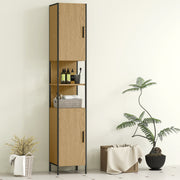 Tall Bathroom Storage Cabinet with Doors Adjustable Shelves and Open Shelves, Natural Wood
