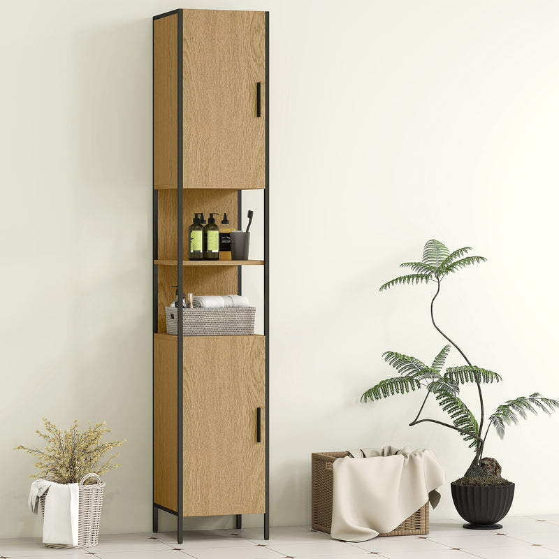 Tall Bathroom Storage Cabinet with Doors Adjustable Shelves and Open Shelves, Natural Wood