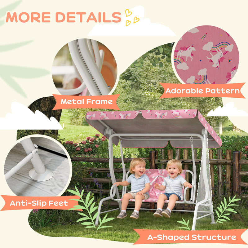 2 Seater Kids Garden Swing Bench With Adjustable Canopy And Seat Belts, Pink Aiyaplay