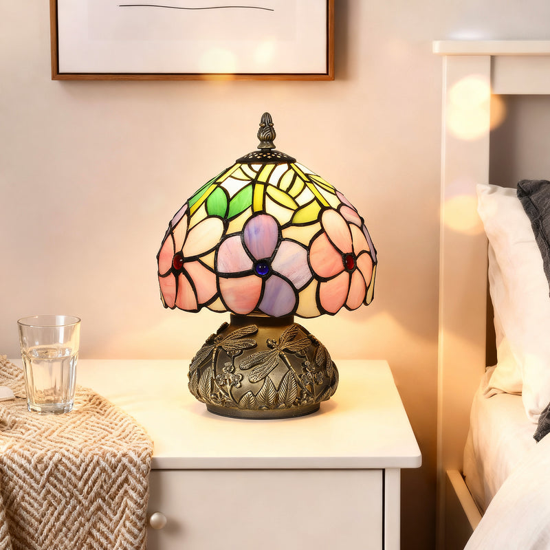 Tiffany Style Table Lamp with Dragonfly Base Handcrafted Stained Glass for Bedroom Pink