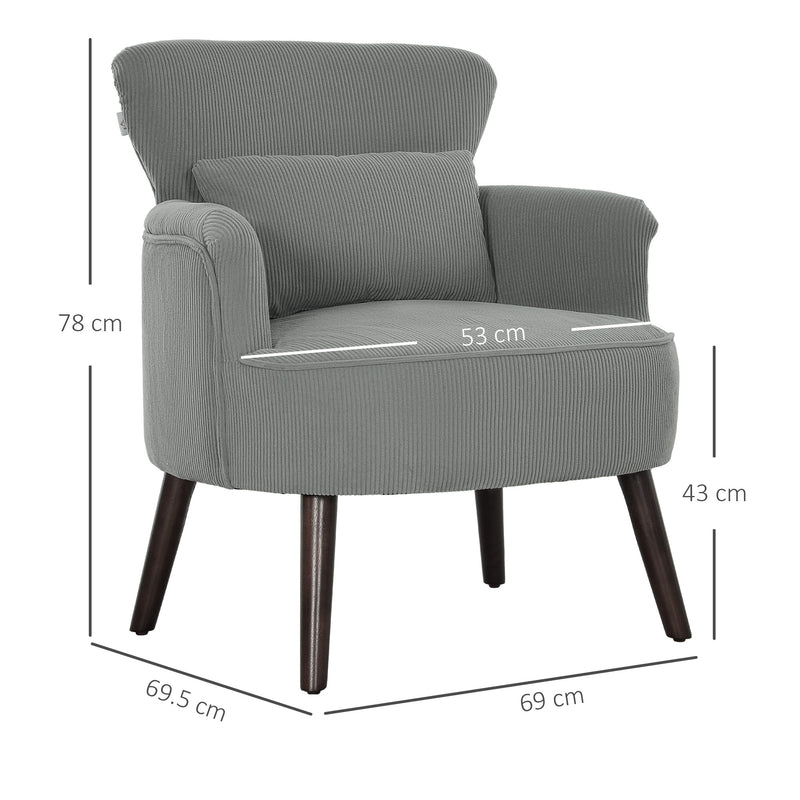 Light Grey Corduroy Retro Accent Chair with Wooden Legs by HOMCOM