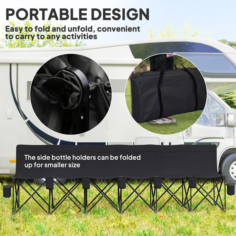 Folding 6 Seater Outdoor Bench with Cup Holders and Carry Bag for Events Black