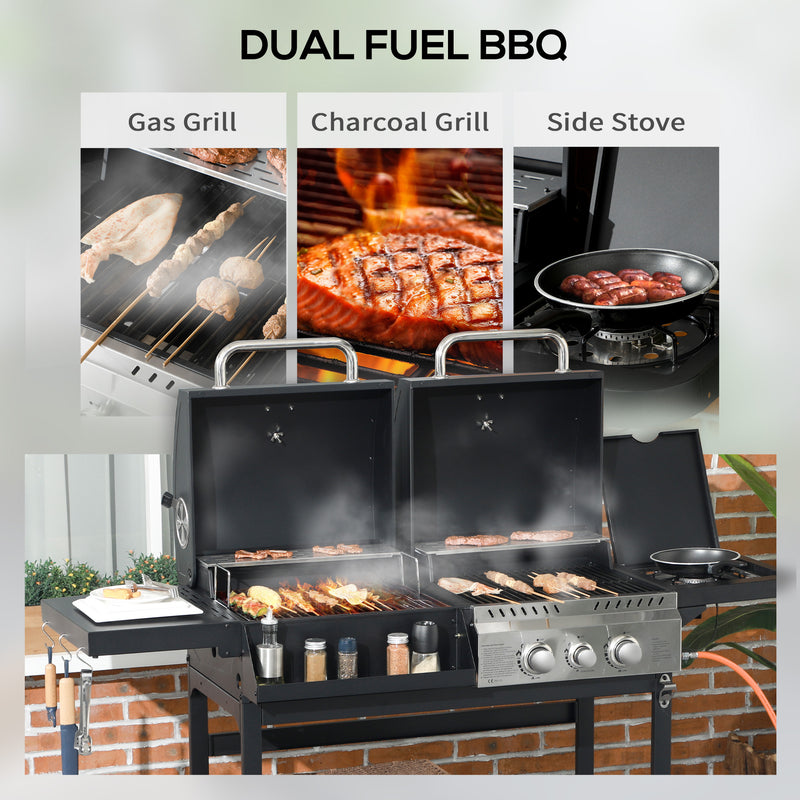 Dual Fuel BBQ Grill Charcoal and Gas with Lid and Side Shelves Black by Outsunny