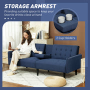 Dark Blue 3 Seater Linen Feel Sofa Bed with Storage and Cupholders by HOMCOM