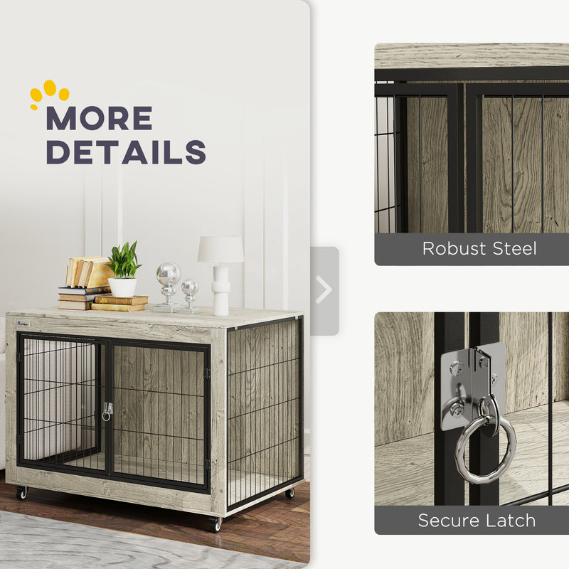 Grey Dog Crate Furniture with Wheels and Double Doors for Large Dogs 100 x 60 x 73.5cm by PawHut