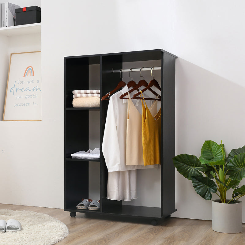 Black Open Wardrobe on Wheels with Hanging Rail and Shelves for Bedroom or Hallway Use