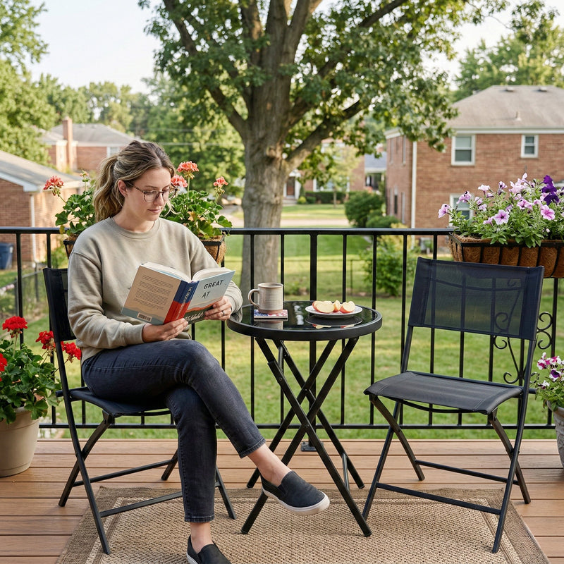 2 Seater Folding Garden Bistro Set for Small Patios and Balconies with Mesh Chairs, Black