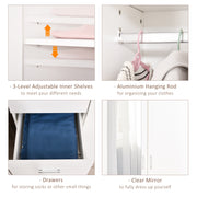 White 2 Door Mirror Wardrobe With Hanging Rail Adjustable Shelf And 3 Drawers 180cm