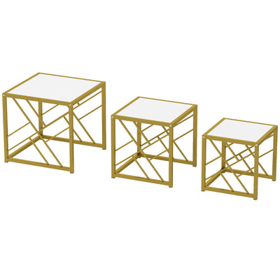 Coffee Tables, Nesting Coffee Tables for Living Room Set of 3 - Gold Metal Frame & White Tops Homcom