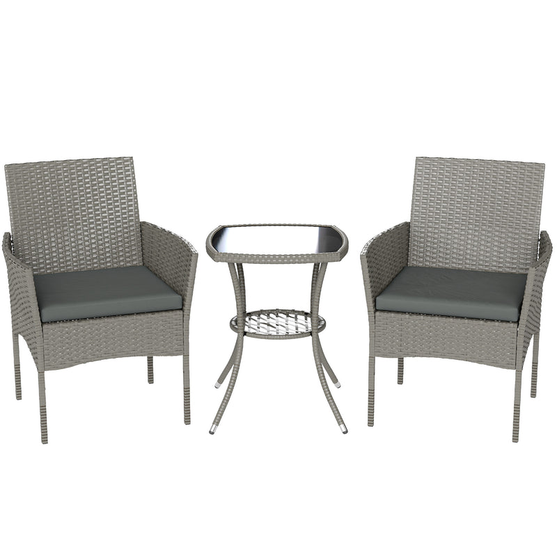 Rattan Garden Bistro Set for Small Spaces with Cushioned Chairs and Glass Table Outsunny