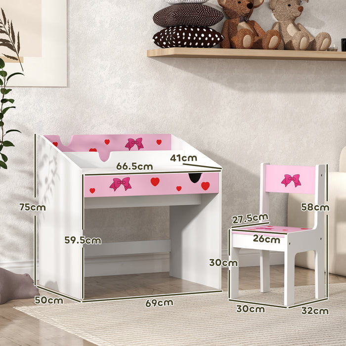 Pink Kids Study Table and Chair Set With Storage and Pull-Out Drawer for Ages 3-6 by AIYAPLAY