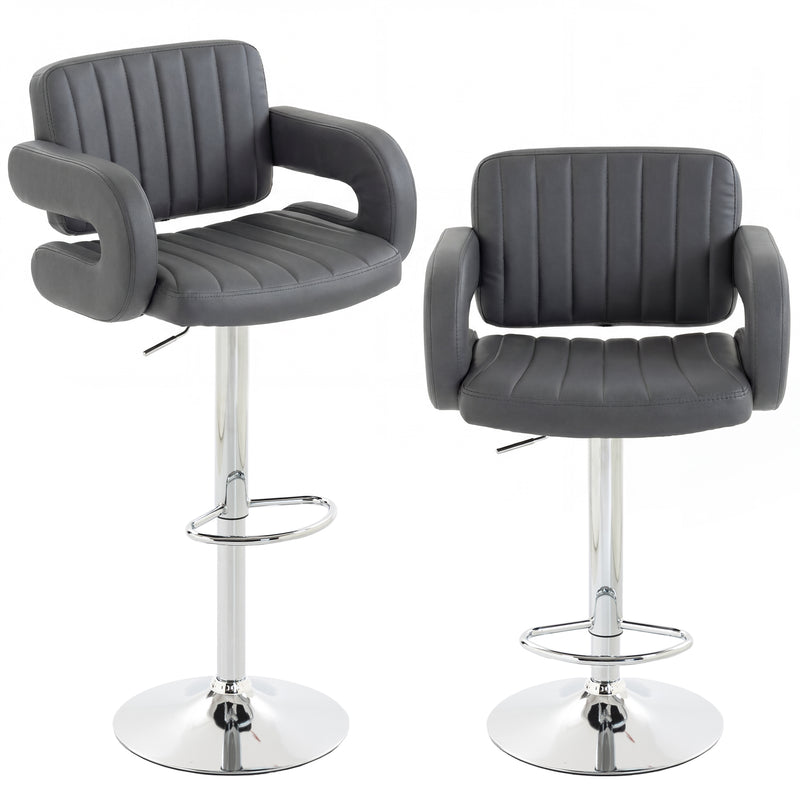 HOMCOM Bar Stools Adjustable Swivel Kitchen Chairs with Backrest Armrest Set of 2 PU Leather Grey AOSOM