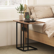 C Shaped Side Table with Foldable Top and USB Charging Station Ideal for Small Spaces Rustic Brown